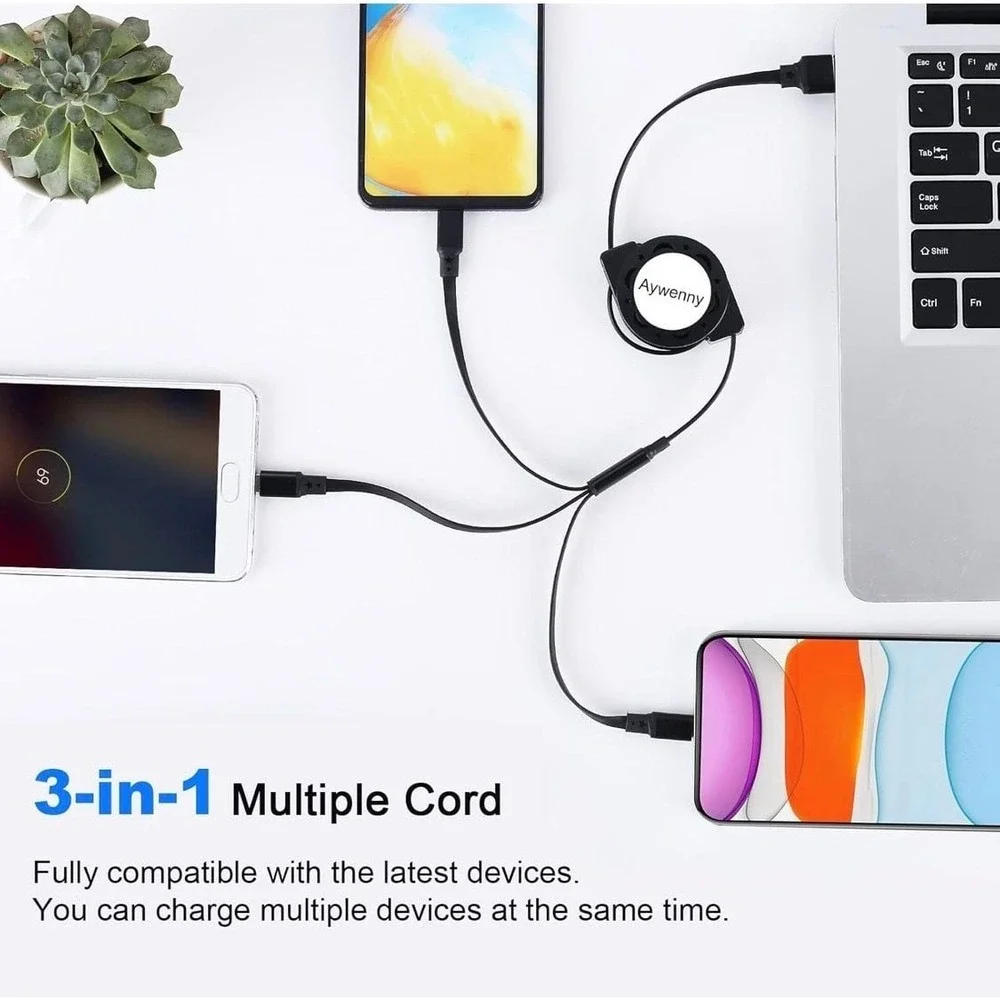 Aywenny 3-Pack 3-in-1 Retractable USB Multi Charging Cable with Type-C, Micro US